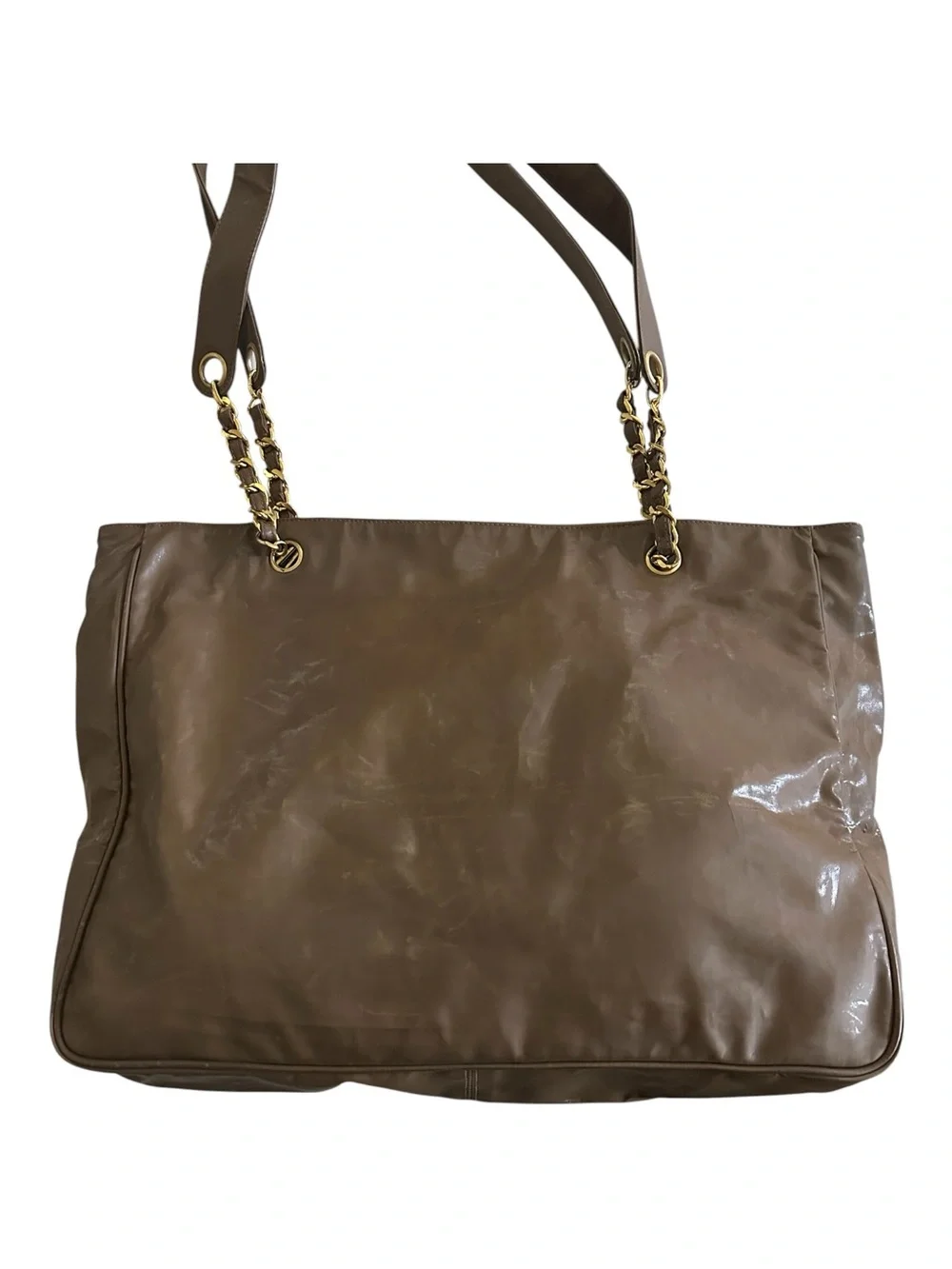 RARE Chanel Vintage XL CC Coated Canvas Chain Tote Brown 3 Series w/Auth Card